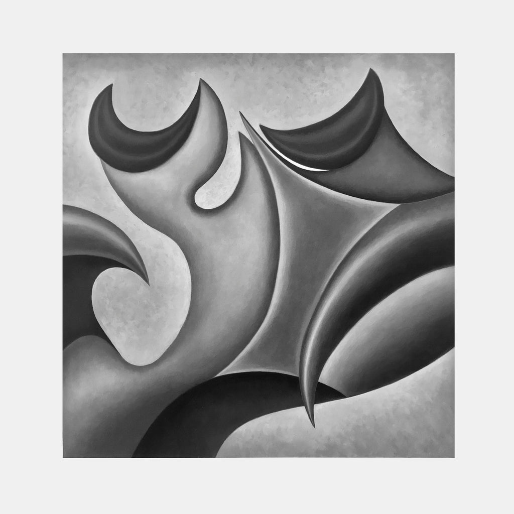 The artwork 'The Slicksters' by Joe Piscopia features a striking monochromatic abstract composition with fluid, curved shapes in varying shades of gray. Smooth, undulating forms create a dynamic interplay of light and shadow, resembling flowing ribbons or waves. The 20x20 inch acrylic painting on paper demonstrates masterful contrast and geometric harmony through its sleek, modern design.