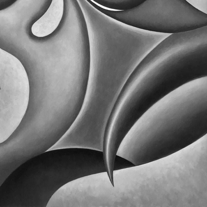 The artwork 'The Slicksters' by Joe Piscopia features abstract curved forms in monochromatic grayscale, creating dynamic flowing shapes that interweave across the composition. Bold contrast between light and dark areas emphasizes the smooth, sculptural quality of the curved elements. Acrylic on paper, 20x20 inches.