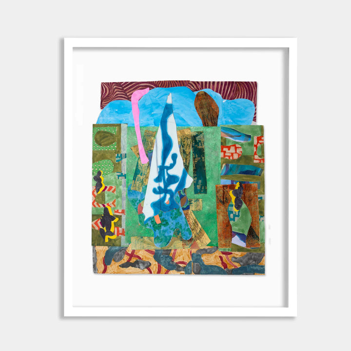 The artwork 'The Slit' by Winnie Sidharta features a vibrant collage composition with watercolor elements. A striking blue flame-like form dominates the center, surrounded by green geometric blocks and pink organic shapes. The piece incorporates textural patterns, including swirling red lines at the top and abstract brown elements, creating a dynamic mixed-media landscape. White matted frame showcases the 28x25.5 inch artwork.
