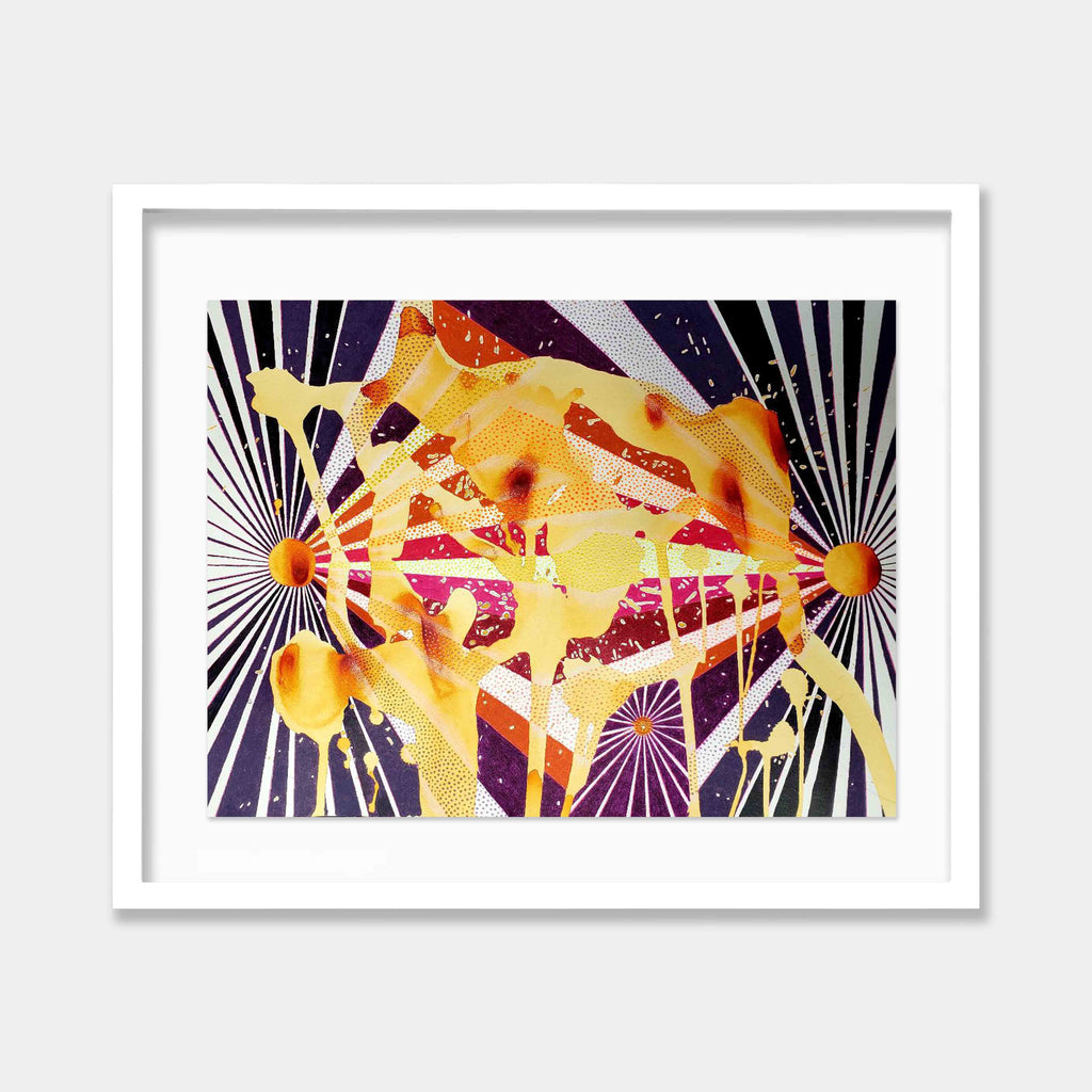 The artwork 'The Spheres 34' by Katie Niewodowski features abstract geometric shapes with vibrant yellow and orange spherical forms against a deep purple background. Radiating white sunburst patterns frame the composition, creating dynamic movement. The piece combines organic flowing shapes with sharp linear elements in a contemporary digital art style, measuring 18x24 inches.