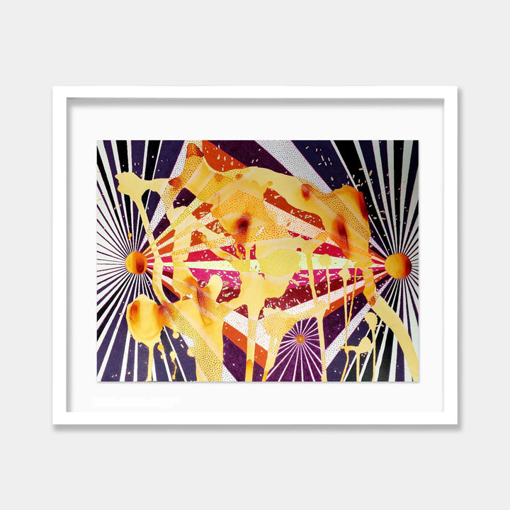 The artwork 'The Spheres 34' by Katie Niewodowski features abstract geometric shapes with vibrant yellow and orange spherical forms against a deep purple background. Radiating white sunburst patterns frame the composition, creating dynamic movement. The piece combines organic flowing shapes with sharp linear elements in a contemporary digital art style, measuring 18x24 inches.