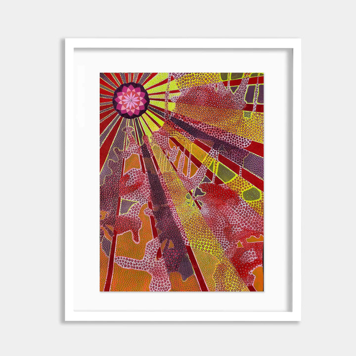 The artwork 'The Spheres 38' by Katie Niewodowski features vibrant pointillism-style dots forming abstract geometric patterns in warm tones of red, orange, and yellow. A radiating sunburst design emanates from a pink circular focal point, creating dynamic movement across the canvas. The dotted texture combines with angular shapes and curved lines in a modernist abstract composition, presented in a white frame. 18x24 inches artwork by Katie Niewod