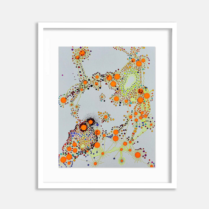 The artwork 'The Spheres 39' by Katie Niewodowski features a dynamic abstract composition of vibrant orange spheres scattered across a light gray background, interconnected by delicate lime green lines and tiny black dots, creating a flowing, organic pattern reminiscent of molecular structures or celestial maps. 9x12 inches art print in white frame by Katie Niewodowski.