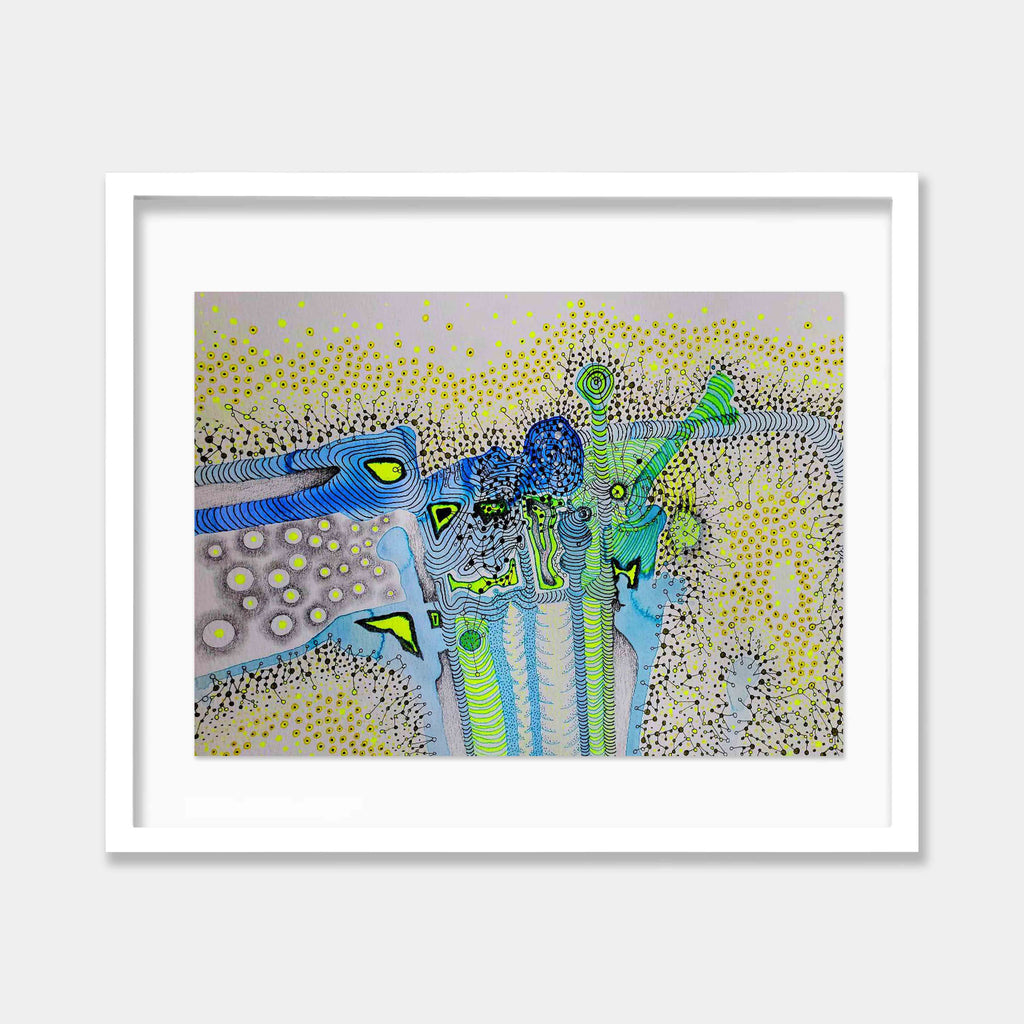 The artwork 'The Spheres 41 Yellow' by Katie Niewodowski features an abstract composition of vibrant blue and green organic forms rising from the bottom, surrounded by delicate dotwork patterns in yellow. The piece combines whimsical line work with pointillism technique, creating a dreamlike landscape with flowing geometric shapes and intricate details. 9x12 inches mixed media artwork.
