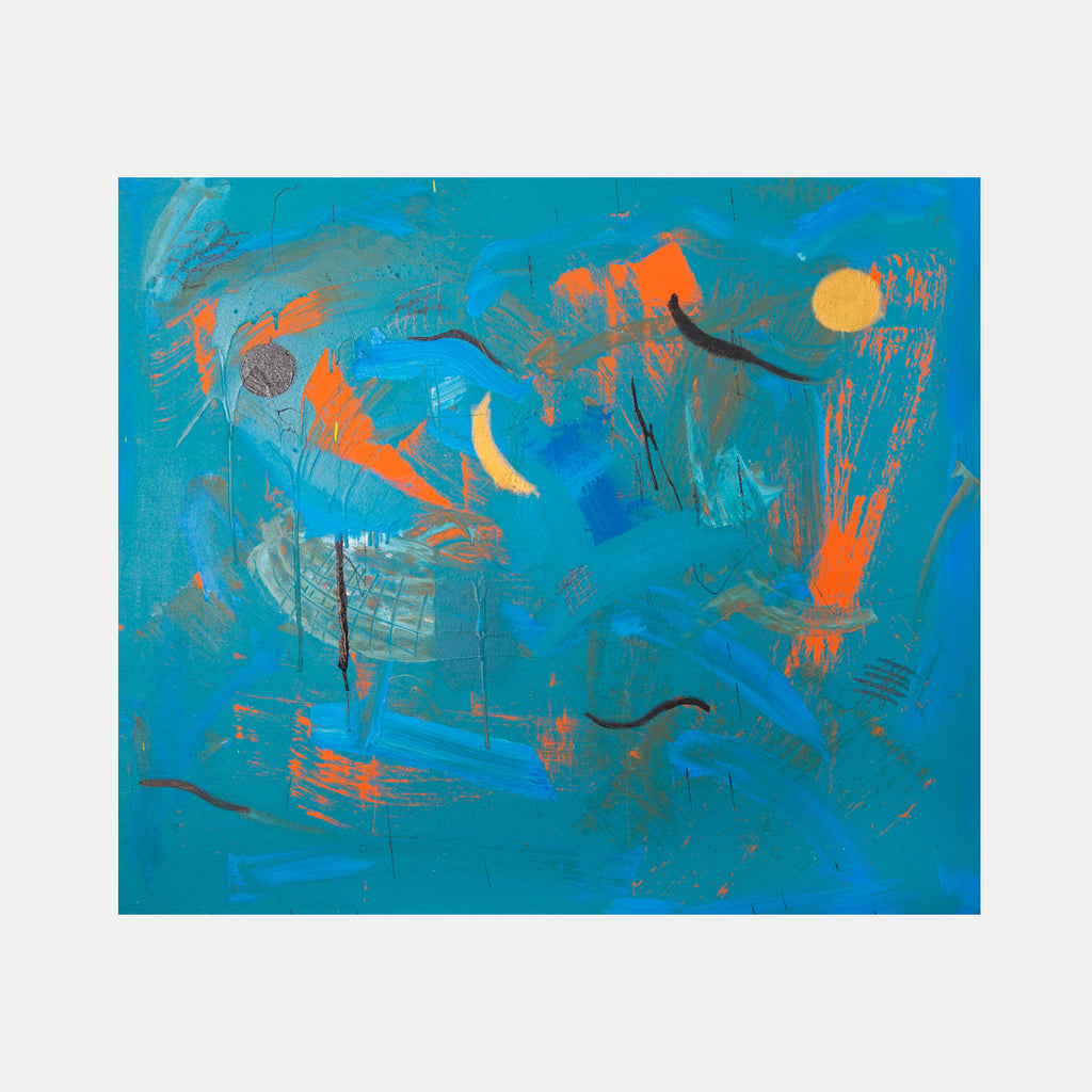 The artwork 'The Sun is Rising' by Cavier Coleman features vibrant abstract expressionism with dynamic brushstrokes in turquoise blue dominating the canvas. Orange and gold accents create energetic splashes and curves, while metallic gold leaf adds luminous texture. The composition suggests movement through sweeping gestures and layered acrylic and enamel paint on a 28x38 inch canvas.