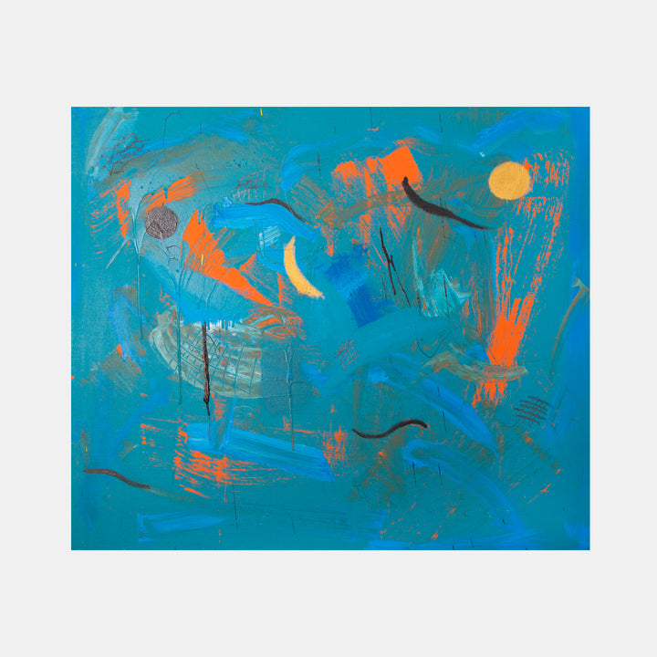 The artwork 'The Sun is Rising' by Cavier Coleman features vibrant abstract expressionism with dynamic brushstrokes in turquoise blue dominating the canvas. Orange and gold accents create energetic splashes and curves, while metallic gold leaf adds luminous texture. The composition suggests movement through sweeping gestures and layered acrylic and enamel paint on a 28x38 inch canvas.