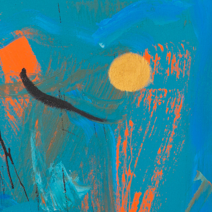 The artwork 'The Sun is Rising' by Cavier Coleman features a vibrant abstract composition with a golden sun against a dynamic turquoise sky. Bold coral-orange splashes create energetic vertical streaks, while a curved black brushstroke adds dramatic contrast. The piece combines acrylic, enamel, and gold leaf on canvas, creating a striking interplay of texture and movement - by Cavier Coleman.