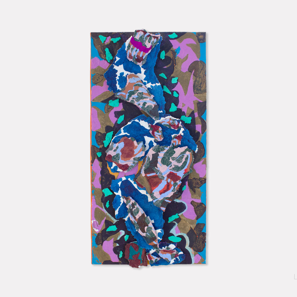The artwork 'The Waves' by Winnie Sidharta features a dynamic mixed-media composition with swirling abstract patterns in vibrant blues, purples, and teals. The collage technique creates layers of organic shapes, resembling flowing water movements, enhanced by watercolor washes and bold acrylic accents on stretched paper. The 18x36 inch piece showcases a harmonious blend of fluid forms and contrasting textures.