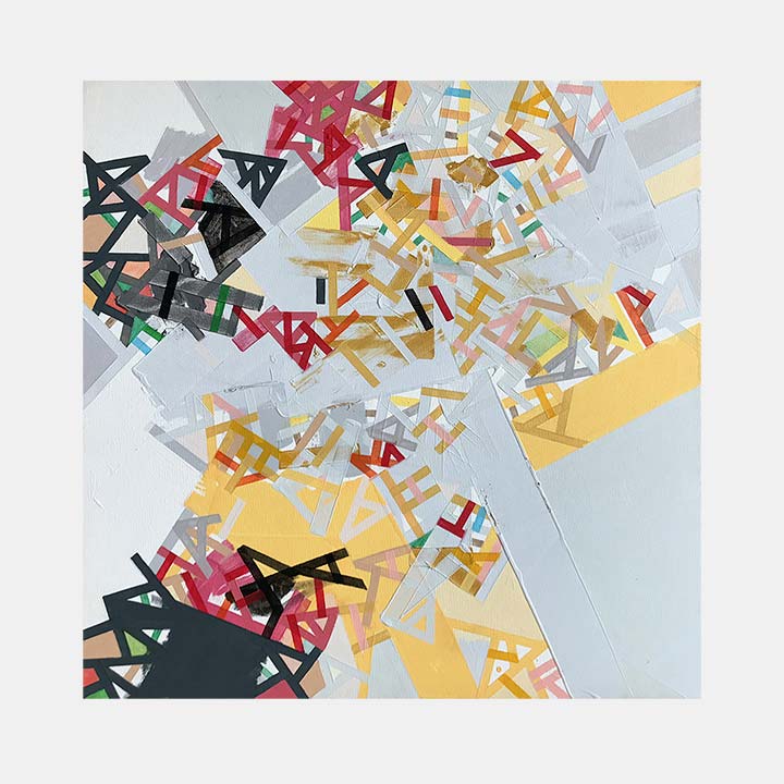 The artwork 'The Wenddlaand' by Philippe Halaburda features abstract geometric shapes scattered across a light background. Angular forms in red, yellow, black, and gray create a dynamic composition suggesting movement and energy. The mixed media piece combines acrylic paint with felt tip markers on canvas, creating sharp, precise lines and bold color contrasts. By Philippe Halaburda.