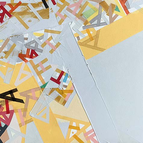 The artwork 'The Wenddlaand' by Philippe Halaburda features an abstract geometric composition with scattered angular shapes and fragments in yellow, red, and grey tones. The 30x30 inch canvas combines acrylic paint with felt tip markers, creating a dynamic interplay of sharp edges and overlapping forms against a light background. By Philippe Halaburda.