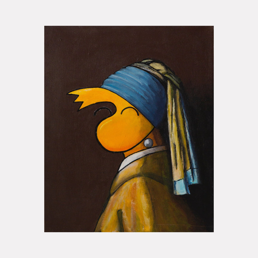 The artwork 'The Dog With The Pearl Earring' by Andrew Psomas features a whimsical cartoon dog in profile wearing a blue turban and pearl earring, set against a dark brown background. The dog, rendered in bright orange with a stylized beak-like snout, wears an ochre-colored garment. A parody of Vermeer's famous painting, executed in acrylic and oil-based marker on canvas.