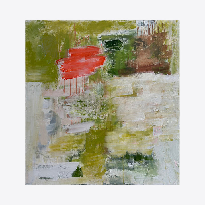 The artwork 'The Grass Always Seems Greener on the Other Side' by Petra Nimtz features an abstract composition with layered brushstrokes in olive green, vibrant coral red, and cloudy white. The oil on linen painting showcases dripping paint effects, textural elements, and gestural marks creating a dynamic contemporary aesthetic.