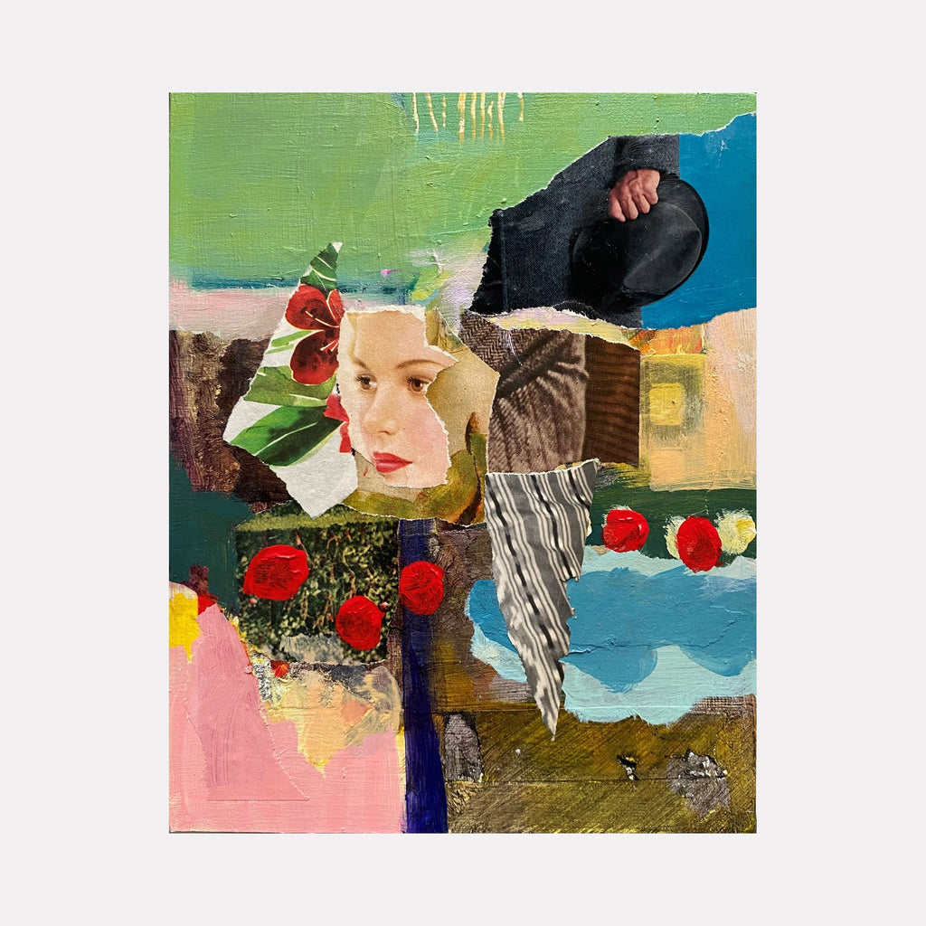 The artwork 'The Long Wait' by Kevin McGoff features a vibrant mixed media collage on wood panel combining abstract and representational elements. Colorful segments include pink, green, and blue blocks contrasting with rich red roses. The composition includes floral elements, geometric shapes, and textural elements creating a modern, layered aesthetic with vintage-inspired elements. Mixed media on cradled wood panel by Kevin McGoff.