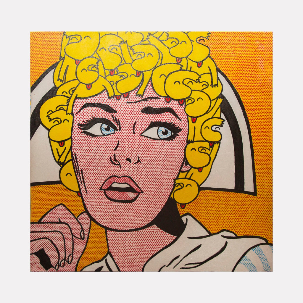 The artwork 'The Vet' features a pop art style portrait in vibrant colors, showcasing a halftone dot pattern in pink against an orange background. The figure wears a distinctive yellow curly hairstyle and a white uniform, rendered in bold outlines reminiscent of comic book illustration. Created using acrylic, oil-based marker, and enamel on canvas by Andrew Psomas.