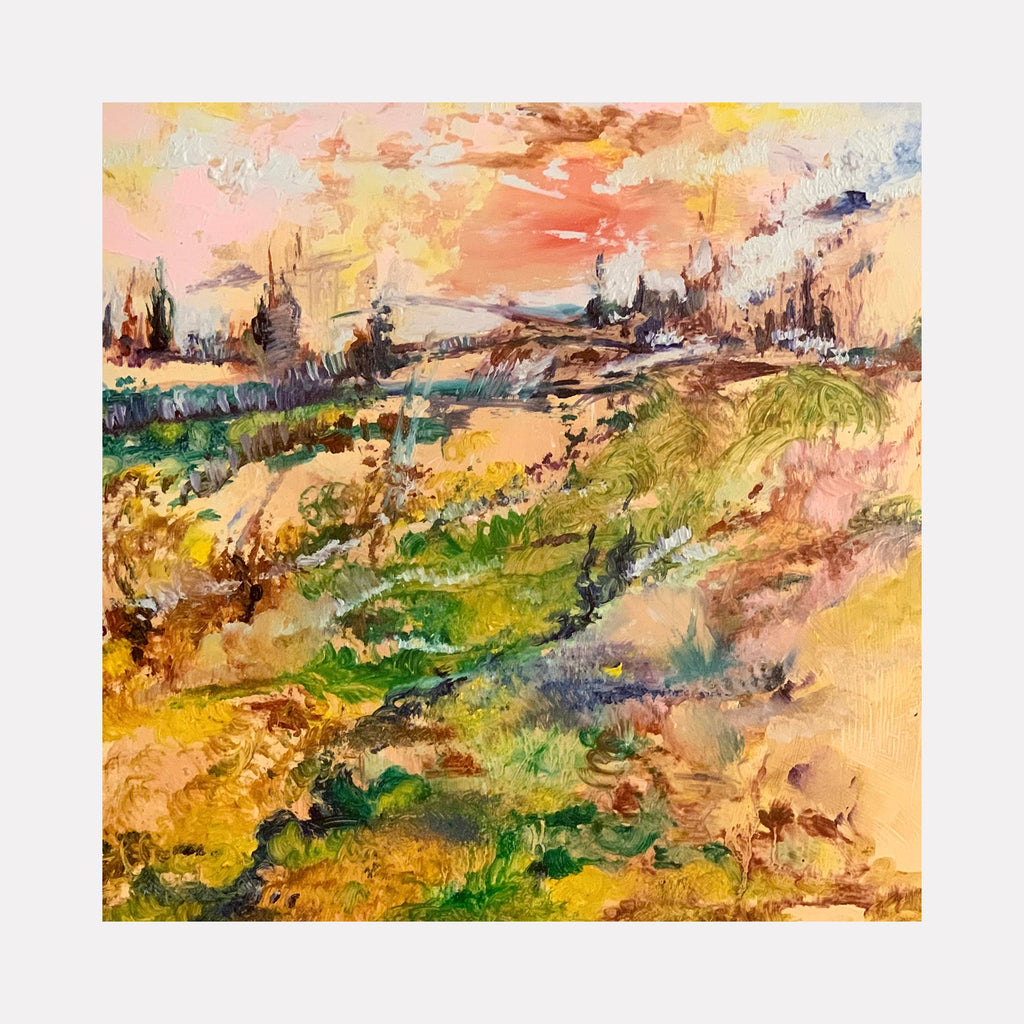 The artwork 'The Firm' by Rita BasuMallick features an impressionistic landscape with vibrant autumn colors, displaying a rolling meadow beneath a warm sunset sky. Bold brushstrokes create texture in greens, golds, and coral hues, while distant trees silhouette against a peach-colored horizon. Oil on aluminum dibond, 12x12 inches. By Rita BasuMallick.