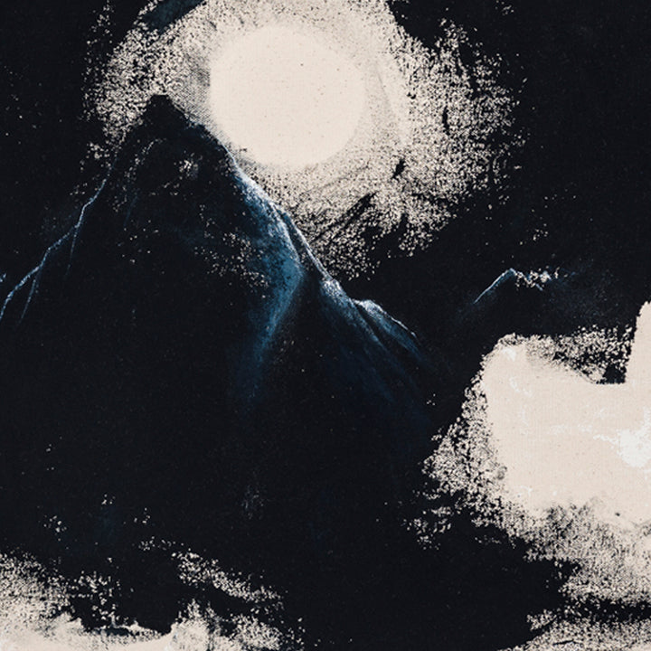 The artwork 'The Grey Lands' by W Lu features a dramatic mountainous landscape painted in acrylic on canvas. Ethereal white moons or celestial bodies illuminate a dark night sky, casting a mysterious blue glow on jagged mountain peaks. The contrasting textures of misty clouds and sharp rocky terrain create a moody, atmospheric composition in a minimalist style.