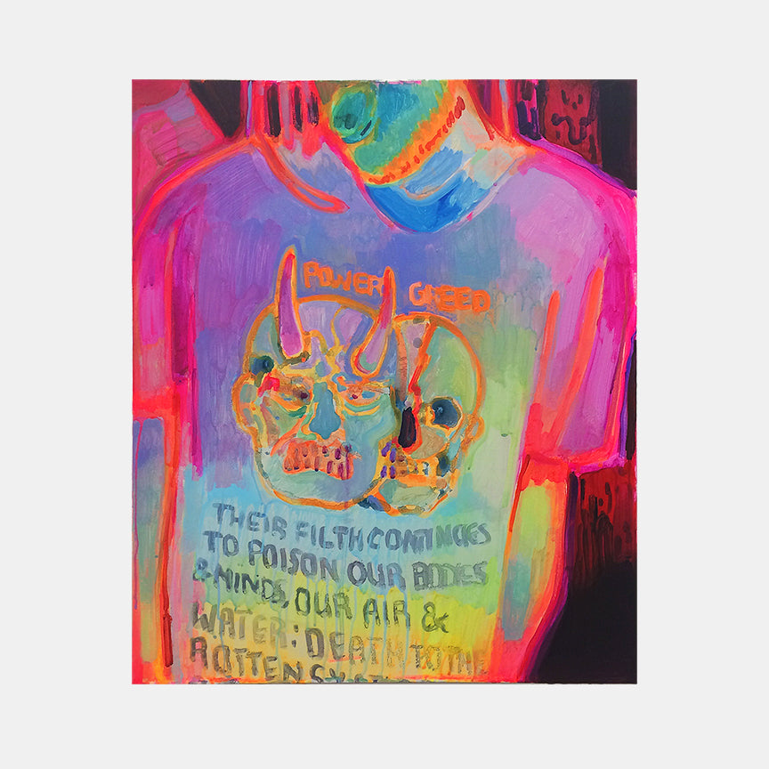The artwork 'Their Filth Continues' by Michelle Selwa features a vibrant neon composition with text elements against a luminous background. Bold strokes of hot pink, electric purple, and turquoise create a psychedelic effect. Abstract skull-like shapes emerge in bright orange, overlaid with graffiti-style text in contrasting colors. The 24x20 inch acrylic painting combines urban art aesthetics with vivid color expression. By Michelle Selwa.