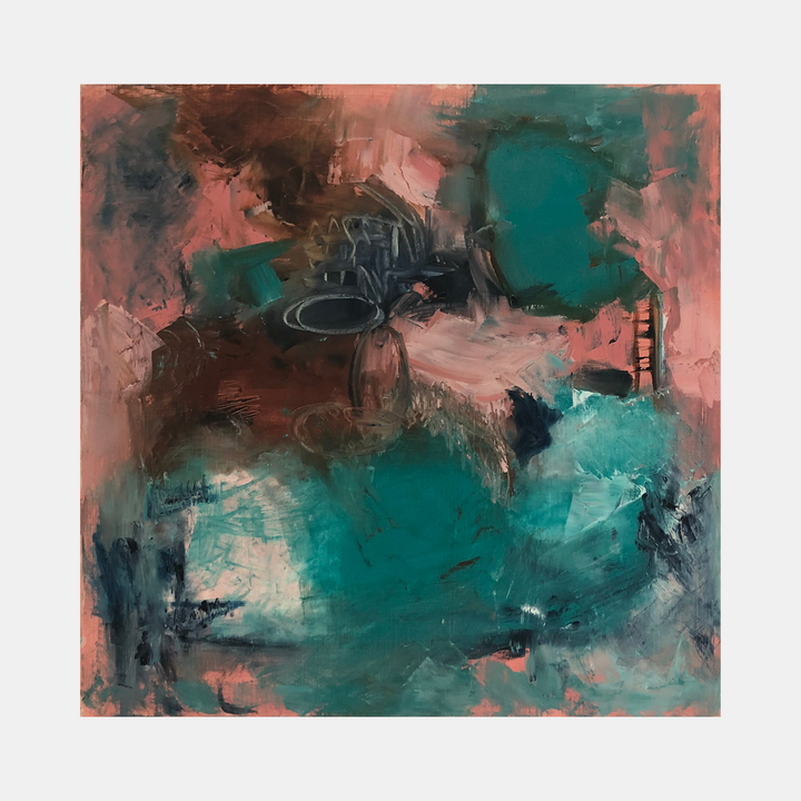 The artwork 'The Unbearable Lightness of Being' features an abstract expressionist composition with dynamic brushstrokes in contrasting teal and coral hues. Bold textural elements and gestural marks create a sense of movement across the canvas, while deep emerald tones blend with salmon pink in an ethereal atmospheric effect. Oil on linen, 36x36 inches, by Petra Nimtz.