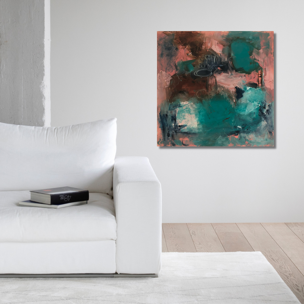 The artwork 'The Unbearable Lightness of Being' features dynamic abstract brushstrokes blending deep turquoise and coral pink hues. Bold gestural marks create a dramatic interplay between dark and light elements, with expressive textures emerging from the oil paint on linen surface. The composition balances ethereal qualities with grounding earthen tones. By Petra Nimtz.