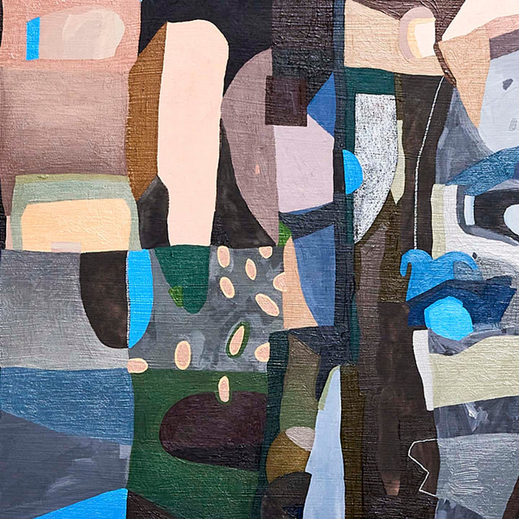 The artwork 'The View from Luna' by Sasha Hallock features an abstract composition of geometric shapes in muted and bold tones. Interlocking forms in deep blues, forest greens, and soft grays create a fragmented landscape-like pattern. Pale pink and beige accents complement darker elements, with textural brushstrokes visible on the wood panel surface. The 18x18 inch mixed media piece combines acrylic and oil paint techniques. By Sasha Hallock.