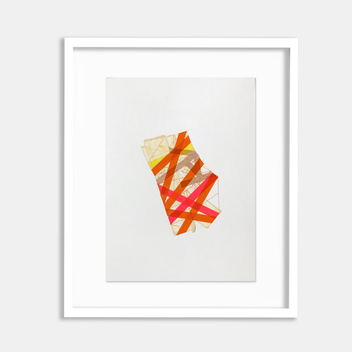 The artwork 'Thhreead Aatma Praana 2' by Philippe Halaburda features an abstract geometric composition with intersecting lines in vibrant orange and red hues, set against a clean white background. The piece showcases angular shapes with translucent overlays creating a dynamic, contemporary design measuring 15x11 inches.