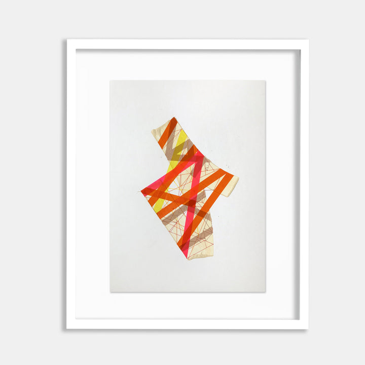 The artwork 'Thhreead Aatma Praana 6' by Philippe Halaburda features dynamic geometric shapes with bold red and orange stripes intersecting across cream-colored angular fragments. The abstract composition, set against a white background and presented in a white frame, creates a sense of movement and energy through its diagonal arrangement, measuring 15 x 11 inches.