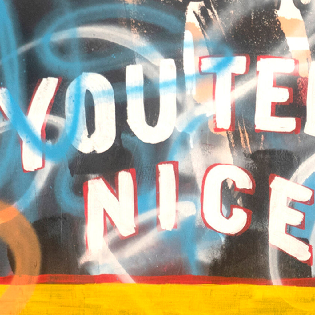 The artwork 'Things' by Pablo A. Medina features bold graffiti-style text with vibrant yellow and orange letters against a dynamic background of spray-painted blues and blacks. Text fragments including "You tell me nice" and "didn't respond to her question" create a narrative layer through urban contemporary aesthetics. Acrylic and spray paint on wood panel showcase street art techniques.