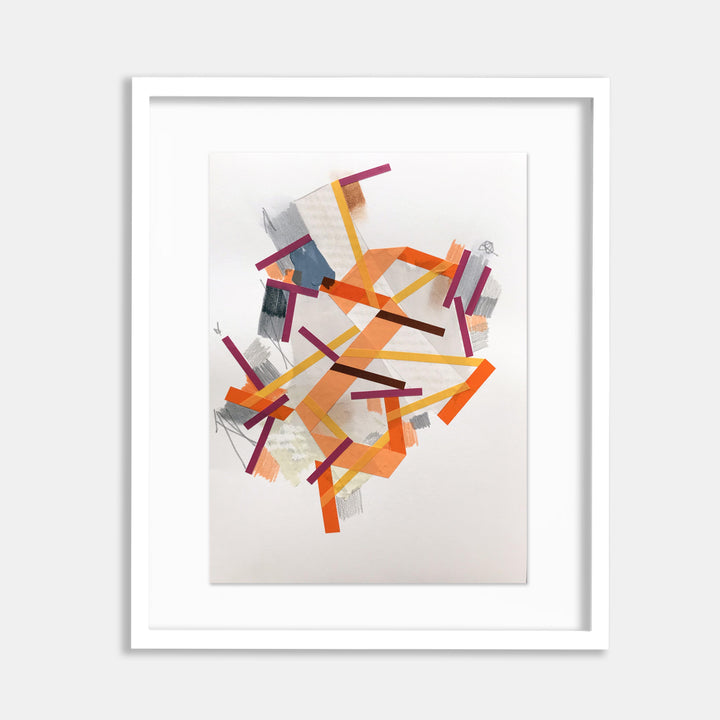 The artwork 'Things like Shaalpel 10' by Philippe Halaburda features dynamic geometric abstract composition with intersecting angular shapes in vibrant orange, burgundy, and navy blue. White negative space creates depth while scattered rectangular forms suggest movement. Modern minimalist style in 15x11 inches format with clean lines and bold color blocks.