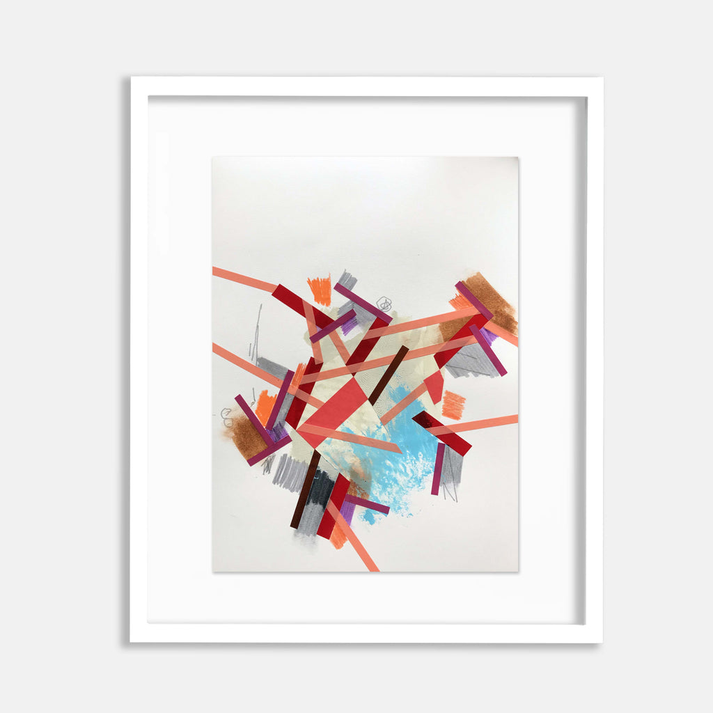 The artwork 'Things like Shaalpel 5' by Philippe Halaburda features dynamic abstract geometric shapes in vibrant coral, burgundy, and turquoise tones against a white background. Angular lines and fragmented rectangles create a sense of movement, with intersecting forms suggesting architectural elements. Mixed media composition measures 15 x 11 inches.