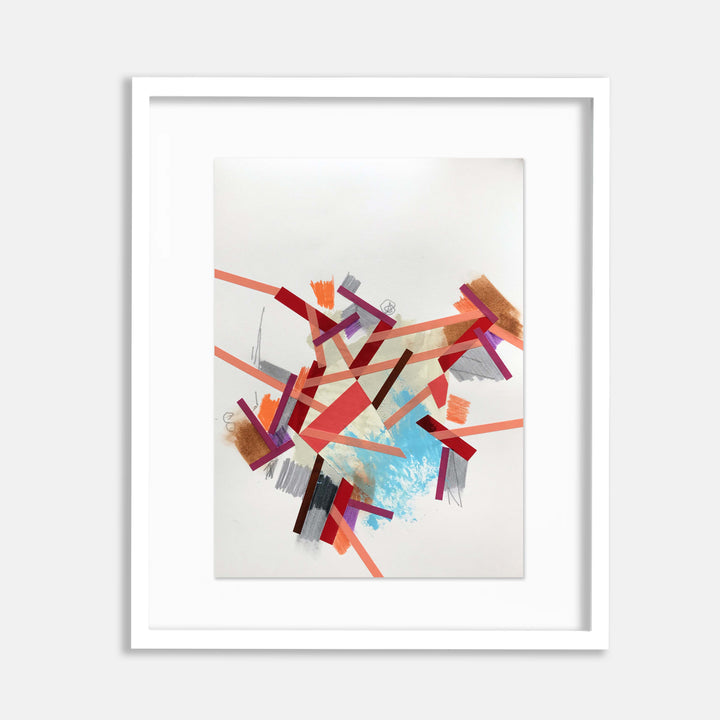The artwork 'Things like Shaalpel 5' by Philippe Halaburda features dynamic abstract geometric shapes in vibrant coral, burgundy, and turquoise tones against a white background. Angular lines and fragmented rectangles create a sense of movement, with intersecting forms suggesting architectural elements. Mixed media composition measures 15 x 11 inches.