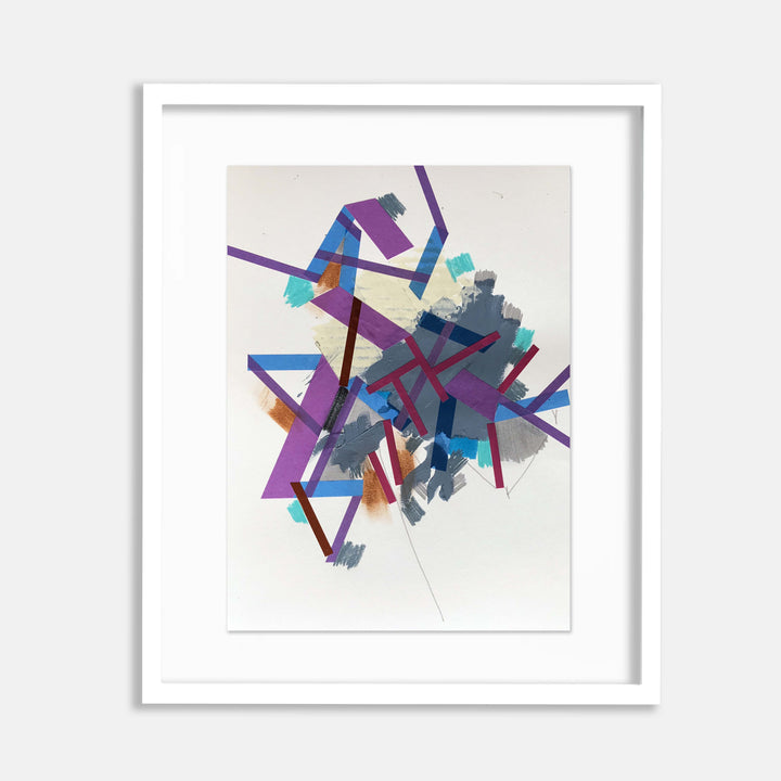The artwork 'Things like Shaalpel 6' by Philippe Halaburda features dynamic abstract geometric shapes in vibrant purple, blue, and orange, intersecting with gray shadows on white canvas. Angular lines and irregular forms create a sense of movement through overlapping transparent layers, executed in acrylic and felt tip markers.