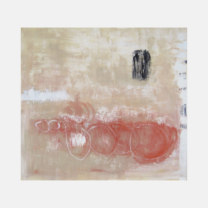 The artwork 'Thinking Out Loud' by Petra Nimtz features a series of interconnected circular forms in coral pink tones against a neutral beige background. Abstract expressionist style oil painting on linen with textural brushstrokes and a small black geometric element in the upper portion. 46x60 inches. By Petra Nimtz.