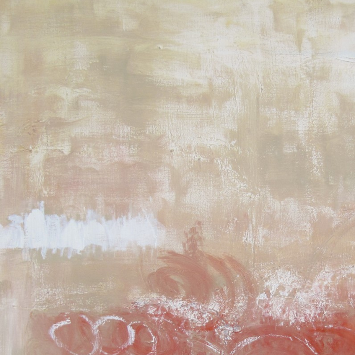 The artwork 'Thinking Out Loud' by Petra Nimtz features a minimalist abstract composition with soft beige and cream tones blending into gentle coral hues at the bottom. Loose, circular brushstrokes in salmon pink create a rhythmic pattern against a textured background. Oil on linen canvas showcases ethereal layering and atmospheric depth. By Petra Nimtz.