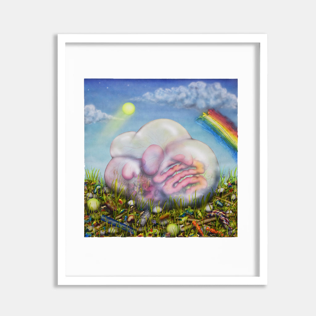 The artwork 'Thinking Putty' by Jon Duff features a dreamy landscape with soft, cloud-like forms in gentle pink and purple hues resting on a vibrant wildflower meadow. A bright yellow sun illuminates the pastel blue sky, while a vivid rainbow arches across the backdrop. The 36x36 inch acrylic painting combines whimsical surrealism with naturalistic elements, creating a peaceful, ethereal atmosphere.