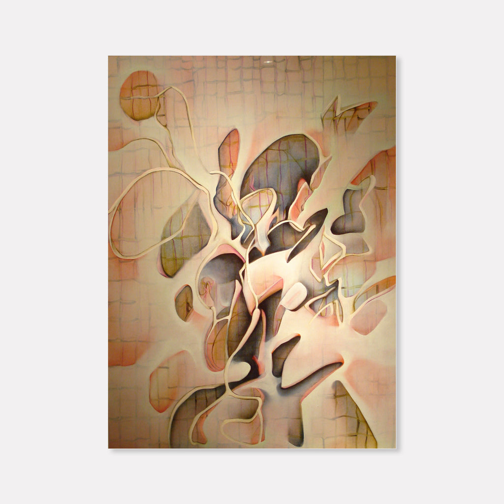 The artwork 'Thinly Veiled' by Megan Olson features abstract organic shapes flowing in soft peach, gray, and cream tones. Watercolor and oil create delicate, translucent layers with curved lines intersecting across a grid-like background. The composition suggests movement through fluid, veil-like forms dancing across the 30x22 inch paper. By Megan Olson.