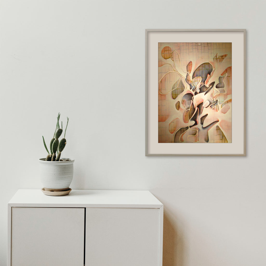 The artwork 'Thinly Veiled' by Megan Olson features abstract organic shapes flowing in warm peach and coral tones, contrasted with deep charcoal curves. The watercolor and oil technique creates ethereal, translucent layers, with delicate line work weaving throughout the composition. The piece evokes a sense of movement and fluidity on paper. By Megan Olson.