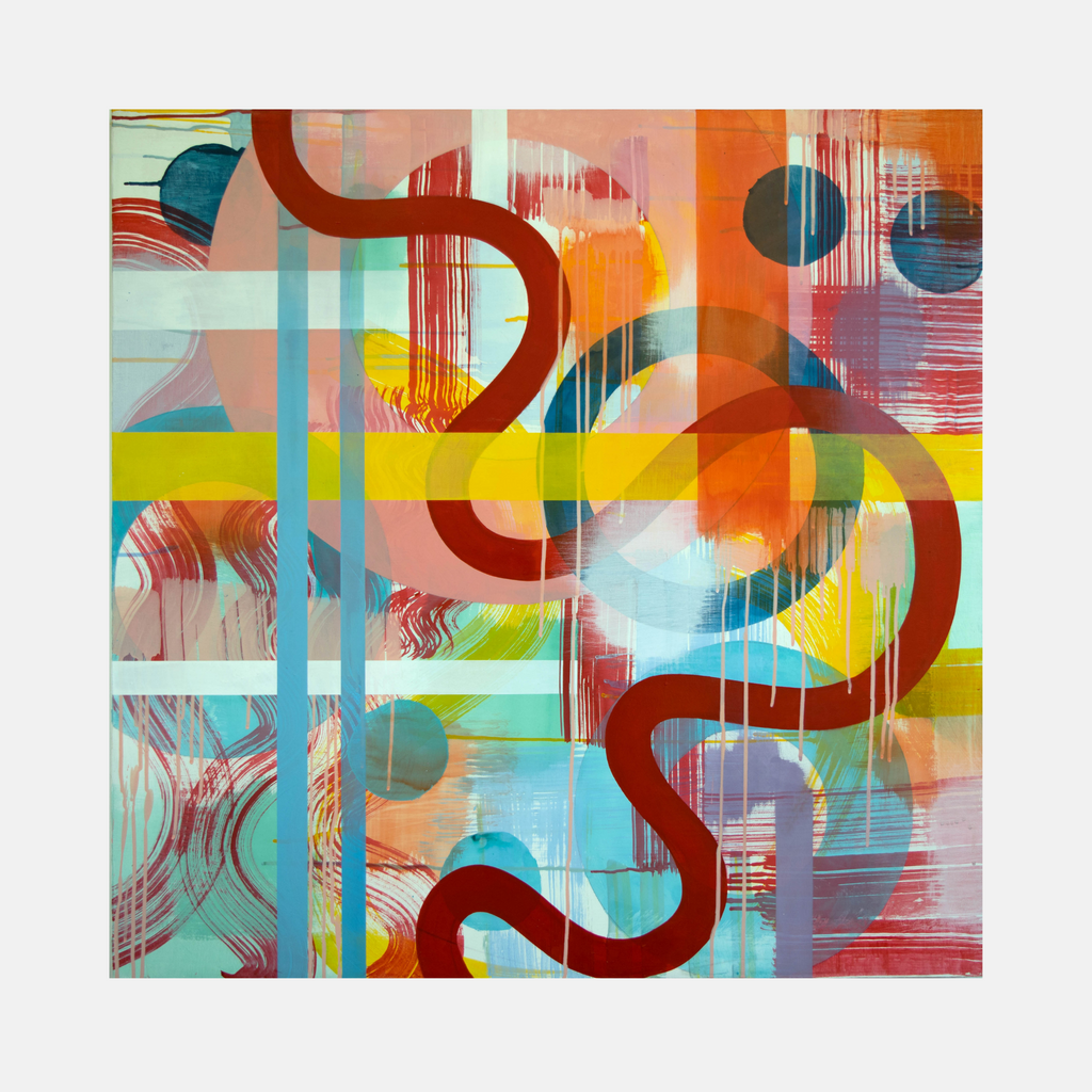 The artwork 'Thread' by Linda Schmidt features a vibrant abstract composition with a bold burgundy serpentine line weaving through geometric blocks of mint, yellow, and coral. Translucent circles and dripping paint effects create depth and movement, while intersecting horizontal and vertical bands add structure to the dynamic 36x36 acrylic painting on canvas.
