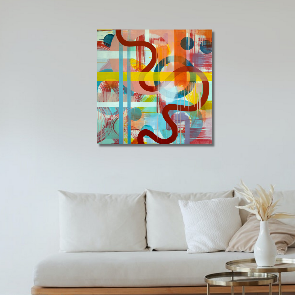The artwork 'Thread' by Linda Schmidt features vibrant abstract composition with winding red curves flowing through geometric blocks of turquoise, orange, and yellow. Dynamic brushstrokes and overlapping shapes create depth and movement across the acrylic canvas, showcasing a modern, geometric style with fluid lines and translucent color transitions.