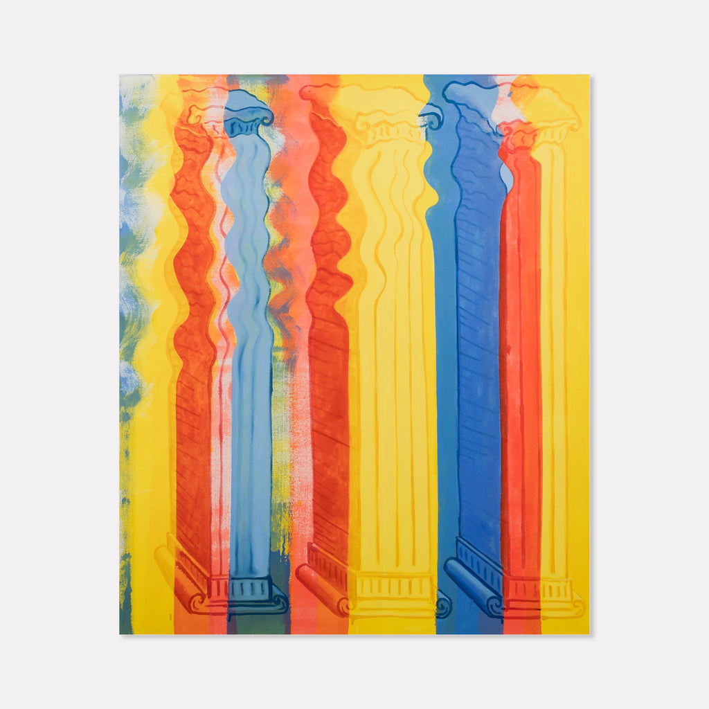 The artwork 'Three Columns' by Til Will features vibrant vertical striped columns in yellow, blue, and coral red hues. Classical architectural columns are depicted in a contemporary style with wavy, undulating lines and soft color transitions. Painted in acrylic on canvas, the piece combines bold geometric forms with fluid, organic movements, creating a dynamic interplay of structure and fluidity.
