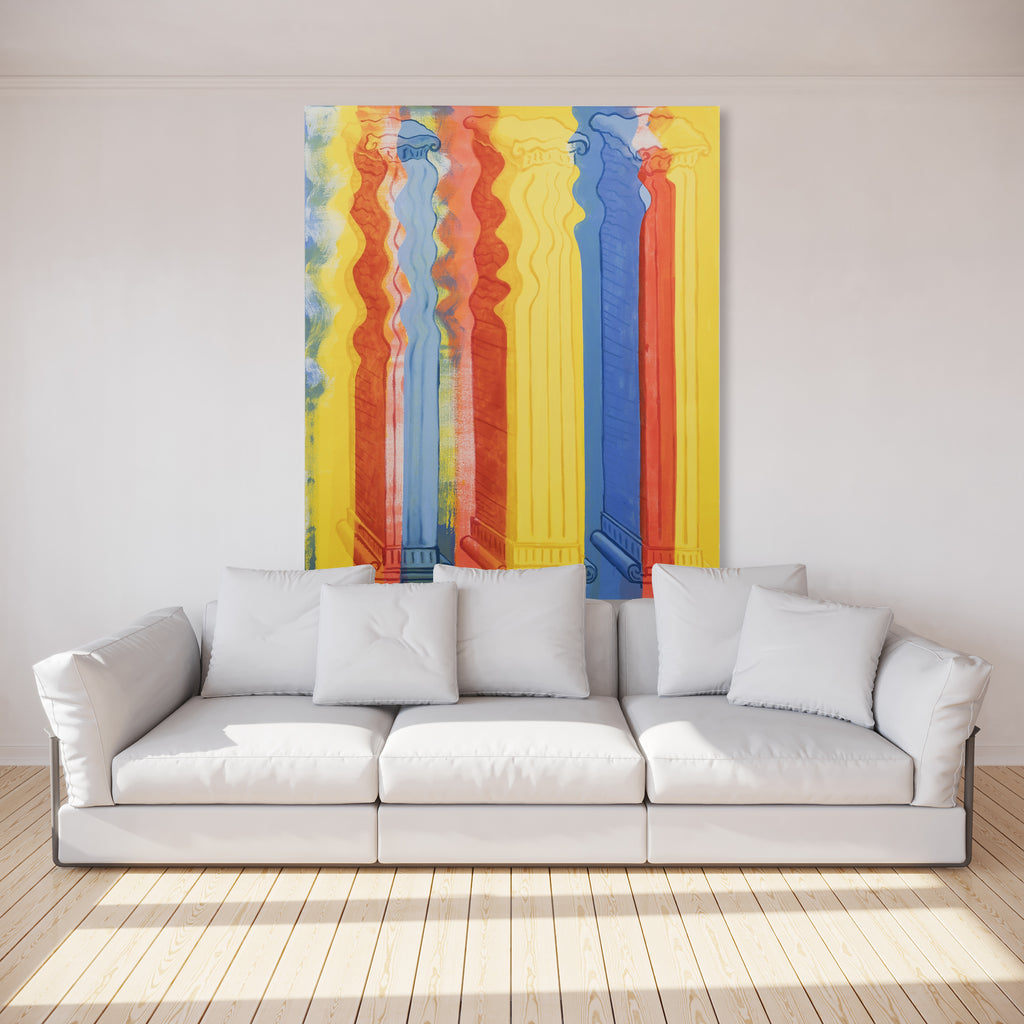 The artwork 'Three Columns' by Til Will features vibrant vertical stripes in yellow, orange, and blue hues, creating a bold geometric composition. The acrylic painting on canvas displays wavy, flowing lines that add dynamic movement to the structured columnar pattern. The large-scale piece measures 75x63 inches and combines warm and cool tones in a modern abstract style by Til Will.