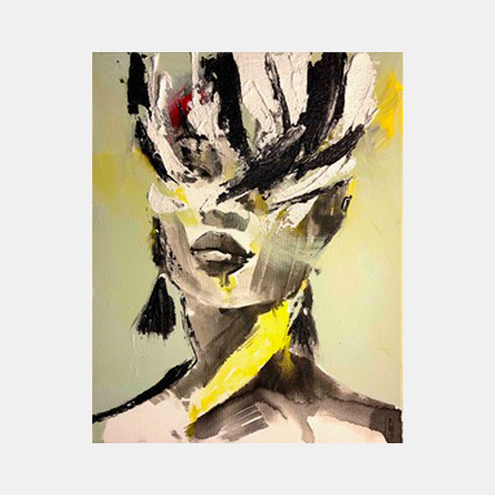 The artwork 'Through Me' by Esteban Jimenez Guerra features an abstract portrait with dynamic black brushstrokes creating a crown-like formation atop a figure. Bold yellow accents contrast against a soft beige background, while textured sand mixed with acrylic paint adds dimensional depth. The composition employs expressive, gestural strokes in a contemporary style on 20x16 inch canvas.