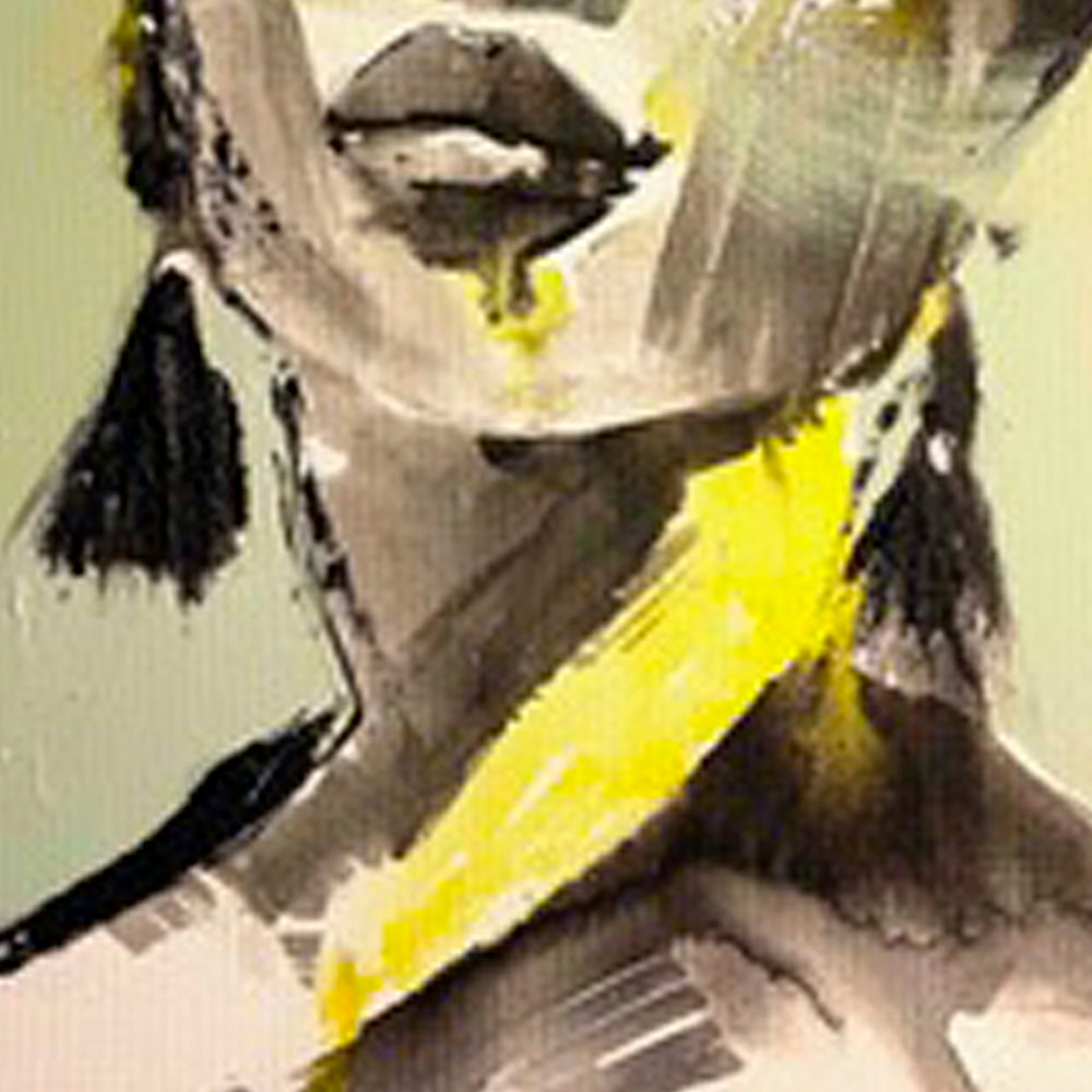 The artwork 'Through Me' by Esteban Jimenez Guerra features an abstract composition with bold brushstrokes depicting facial features in monochromatic grays, contrasted by a striking yellow diagonal streak. The textured canvas incorporates sand and acrylic paint, creating a dynamic interplay of smooth and rough surfaces against a pale background. 20x16 inches.