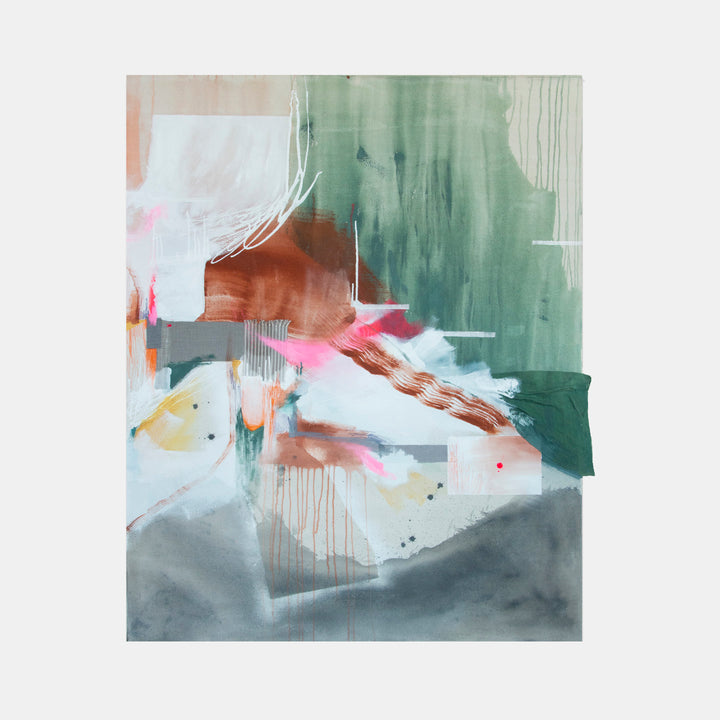 The artwork 'Through The Motions' by Rebecca Stern features an abstract composition with fluid brushstrokes in muted teal, copper, and grey tones. Dynamic drips and gestural marks create movement across the canvas, while soft pink accents and white negative spaces provide ethereal contrast. The painting showcases a contemporary expressionist style with watercolor-like effects and intentional paint drips.