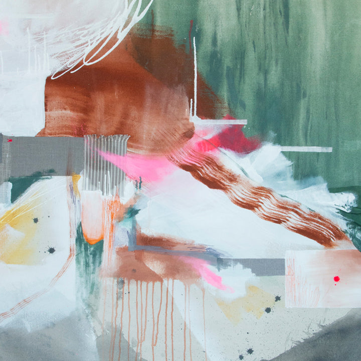 The artwork 'Through The Motions' by Rebecca Stern features a dynamic abstract composition with fluid brushstrokes in terracotta, pink, and sage green tones. Dramatic white gestural marks sweep across a misty background, while subtle drips and gray geometric elements create depth and movement. The 60x48 inch canvas showcases contemporary expressionist style.