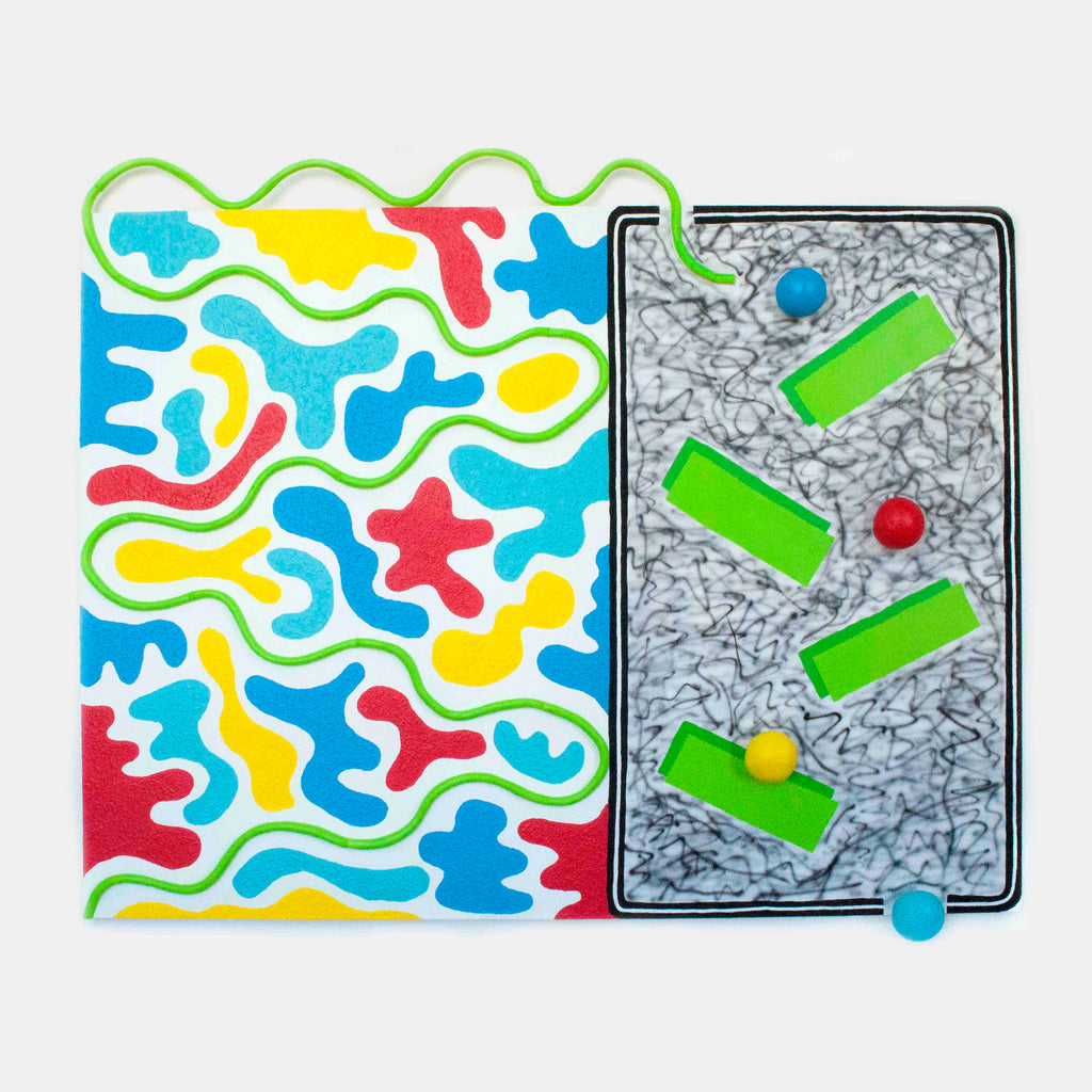 Through the Goof Camo and into the Static Fuzz by Ryan Patrick Martin: Abstract canvas artwork featuring vibrant camo-like patterns in blue, red, and yellow, juxtaposed with a grayscale panel containing geometric green bars and colored dots. Created with epoxy clay and acrylic paint, featuring airbrush details and contrasting textures.