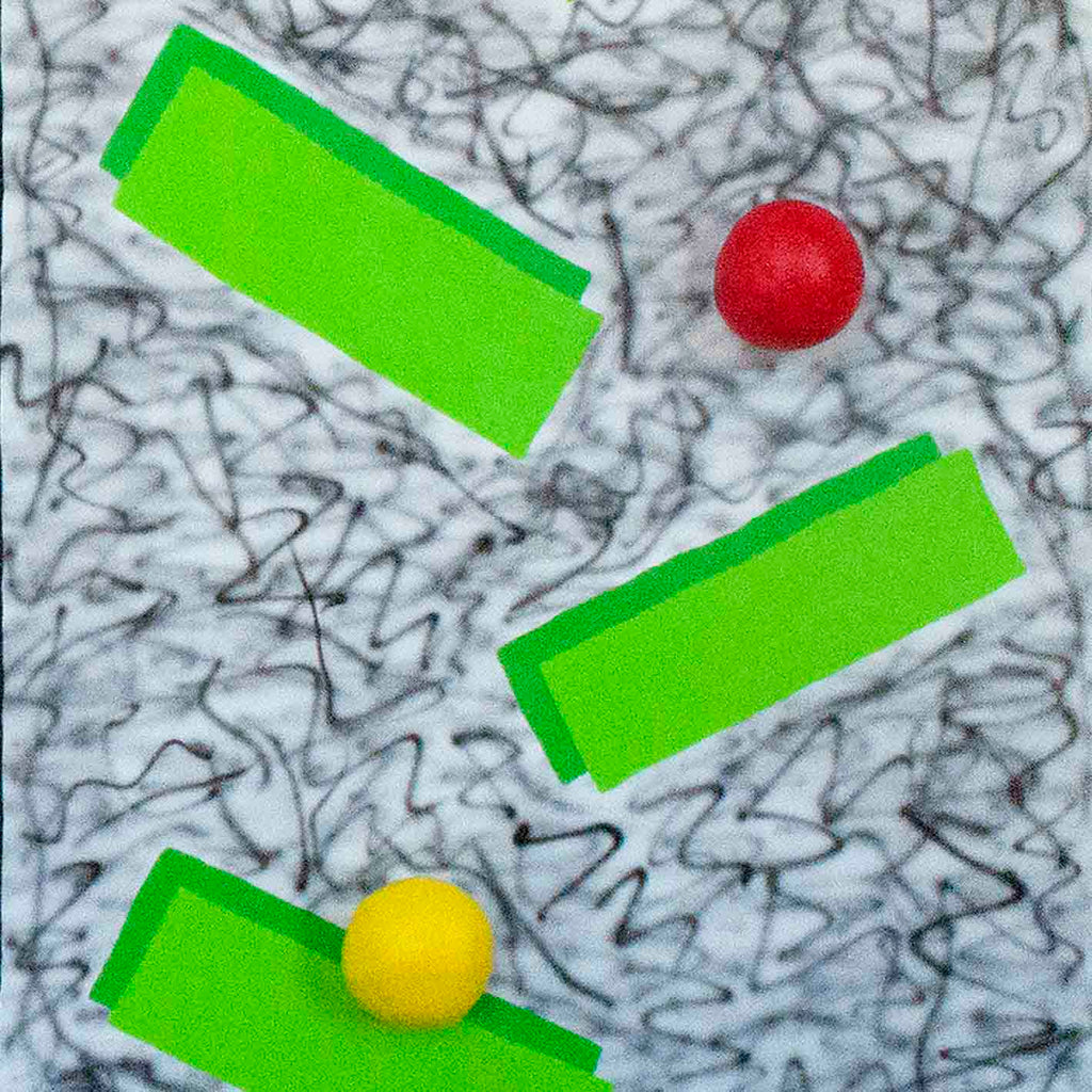 Through the Goof Camo and into the Static Fuzz by Ryan Patrick Martin: Abstract canvas featuring neon green geometric blocks against a swirling gray background with scribbled textures. Vibrant red and yellow spherical elements float among the blocks, creating dynamic spatial tension. Epoxy clay and acrylic paint create bold dimensional effects.