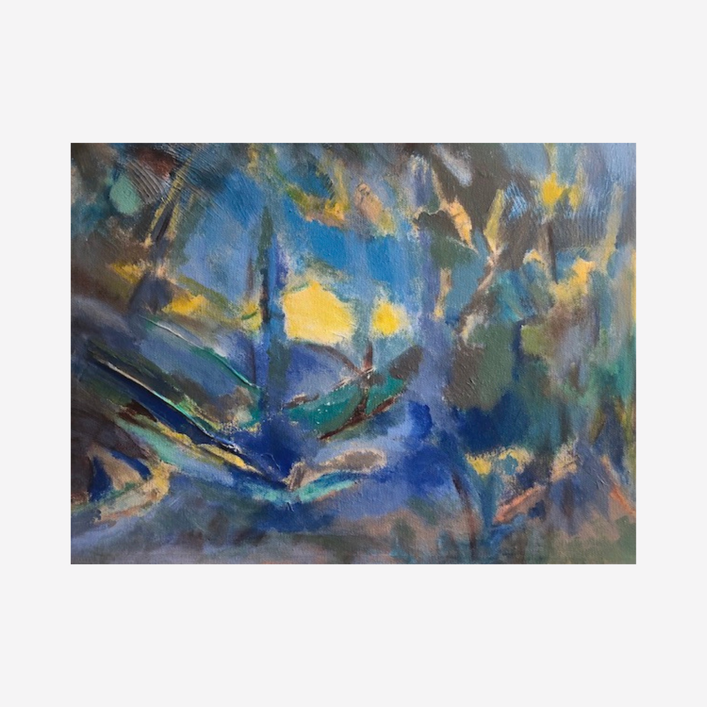 The artwork 'Through the Light' features abstract brushstrokes in vibrant blues and yellows, creating a dynamic composition reminiscent of sunlight filtering through dense foliage. Bold teal accents and earthy browns add depth, while expressive brushwork creates movement across the 12x16 inch acrylic canvas by Beth Barry.
