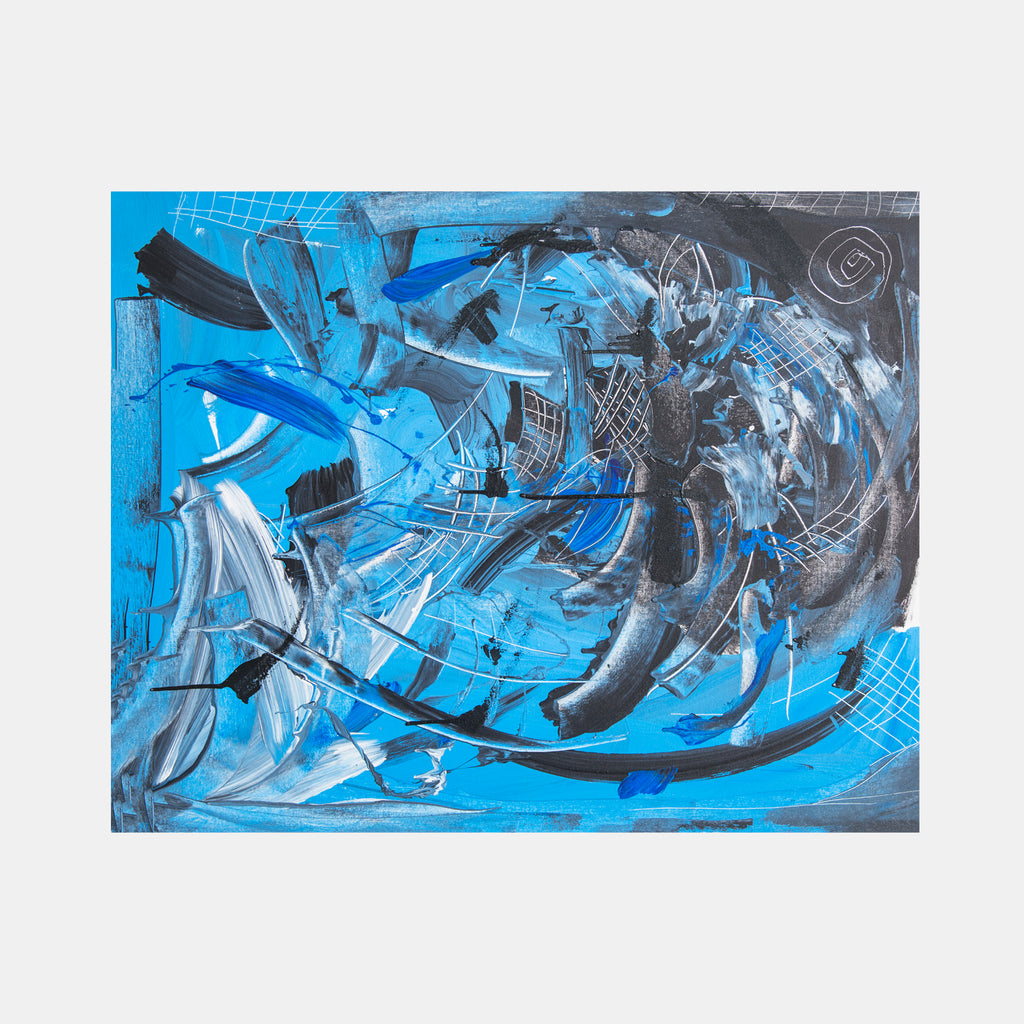The artwork 'Tidal Waves' by Cavier Coleman features dynamic abstract brushstrokes in vibrant electric blue and charcoal gray. Bold sweeping curves and gestural marks create a sense of oceanic movement across the canvas. Textured layers of acrylic and enamel paint blend together in a turbulent composition, suggesting the power and energy of crashing waves.