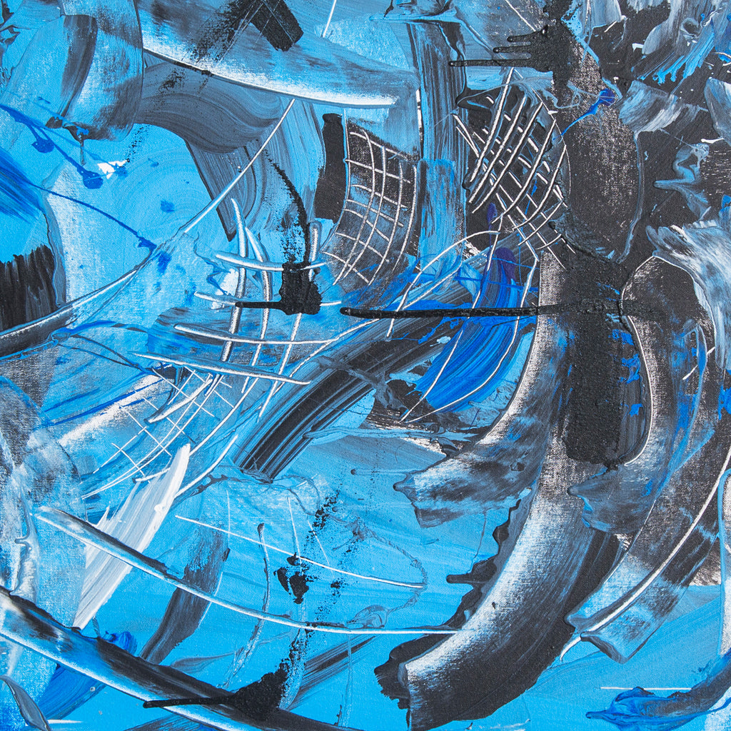 The artwork 'Tidal Waves' by Cavier Coleman features dynamic abstract patterns in vibrant azure and electric blue tones, intersected by bold curved silver lines creating a sense of flowing motion. The acrylic and enamel painting showcases sweeping brushstrokes and geometric grid-like elements against a contrasting charcoal background, embodying the powerful movement of ocean waves.