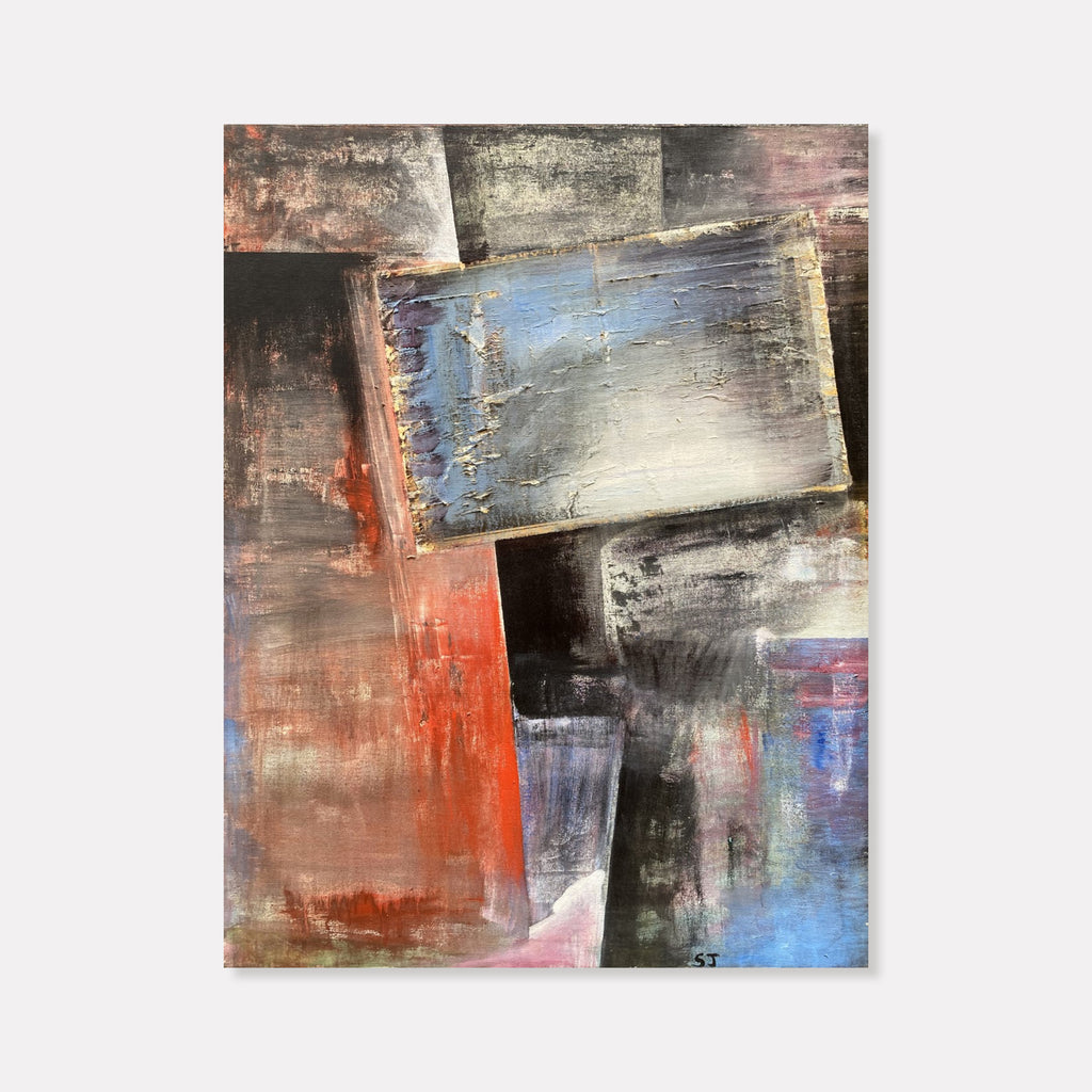 The artwork 'Tilted Window' by Suejin Jo features an abstract composition with angular geometric forms in rich earth tones and cool blues. Bold strokes of rusty orange and muted grays create a dynamic interplay of shapes, suggesting architectural elements. The textured oil paint application on canvas reveals layers of weathered surfaces and atmospheric depth, measuring 44x34 inches.